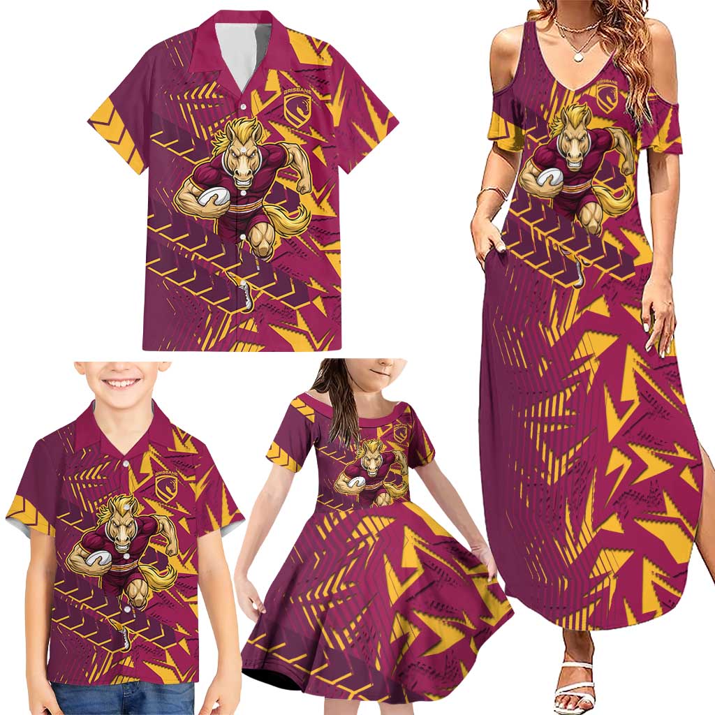 Brisbane Broncos Rugby Family Matching Summer Maxi Dress and Hawaiian Shirt Fierce Mascot Geometric Tribal Art