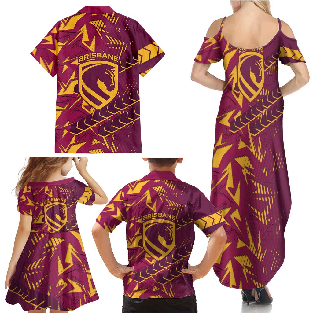 Brisbane Broncos Rugby Family Matching Summer Maxi Dress and Hawaiian Shirt Fierce Mascot Geometric Tribal Art