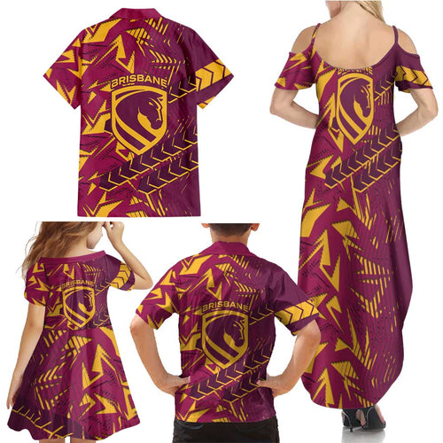 Brisbane Broncos Rugby Family Matching Summer Maxi Dress and Hawaiian Shirt Fierce Mascot Geometric Tribal Art