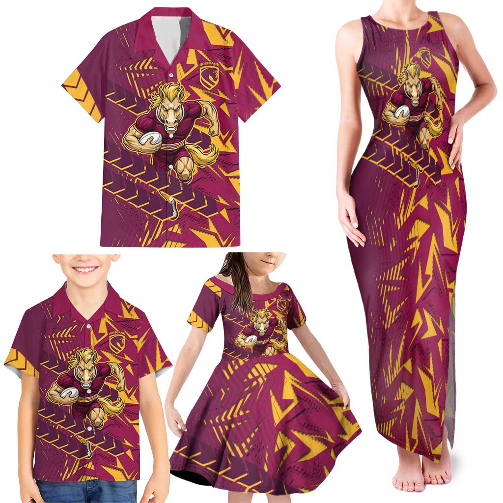 Brisbane Broncos Rugby Family Matching Tank Maxi Dress and Hawaiian Shirt Fierce Mascot Geometric Tribal Art