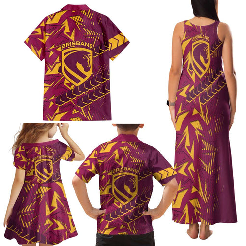 Brisbane Broncos Rugby Family Matching Tank Maxi Dress and Hawaiian Shirt Fierce Mascot Geometric Tribal Art