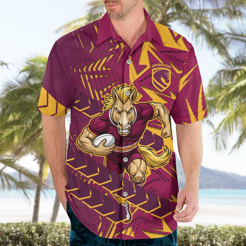Brisbane Broncos Rugby Hawaiian Shirt Fierce Mascot Geometric Tribal Art