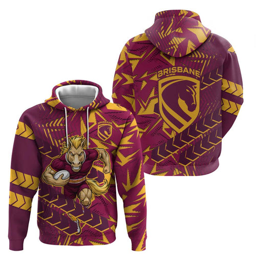 Brisbane Broncos Rugby Hoodie Fierce Mascot Geometric Tribal Art