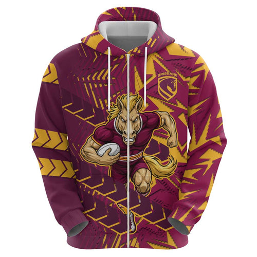 Brisbane Broncos Rugby Hoodie Fierce Mascot Geometric Tribal Art