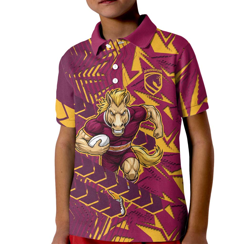 Brisbane Broncos Rugby Kid Polo Shirt Fierce Mascot Geometric Tribal Art