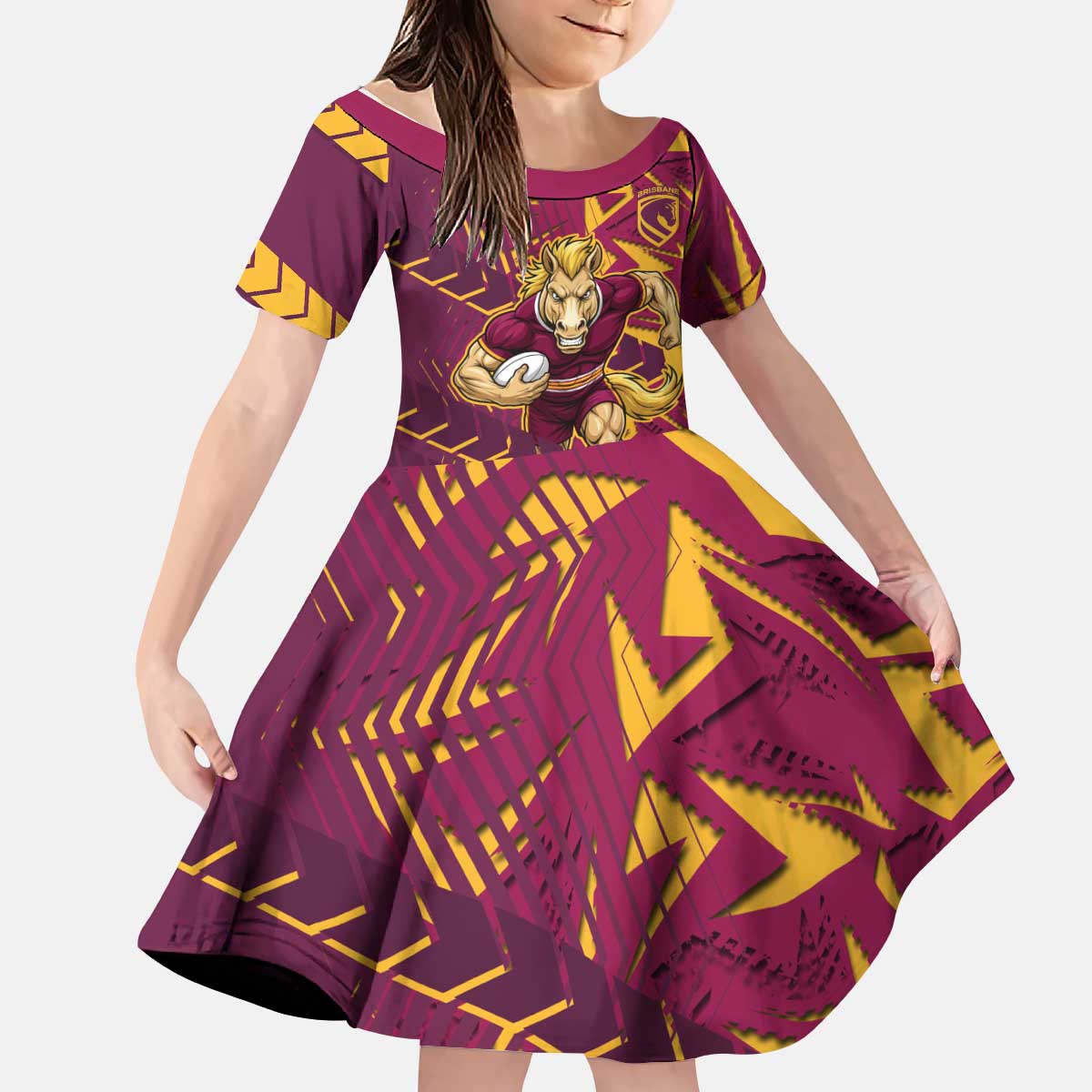 Brisbane Broncos Rugby Kid Short Sleeve Dress Fierce Mascot Geometric Tribal Art