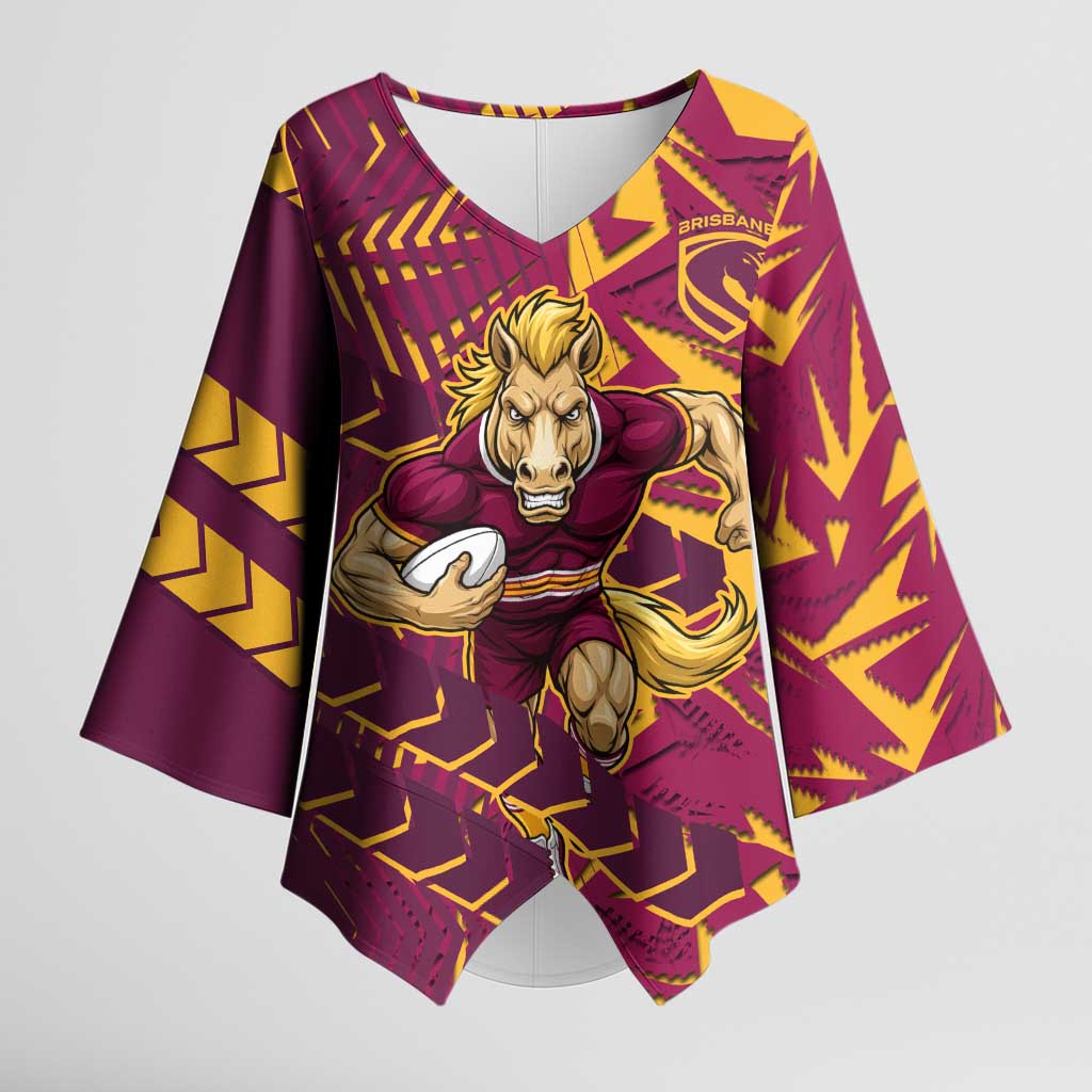 Brisbane Broncos Rugby Kimono Sleeve Blouse Fierce Mascot Geometric Tribal Art