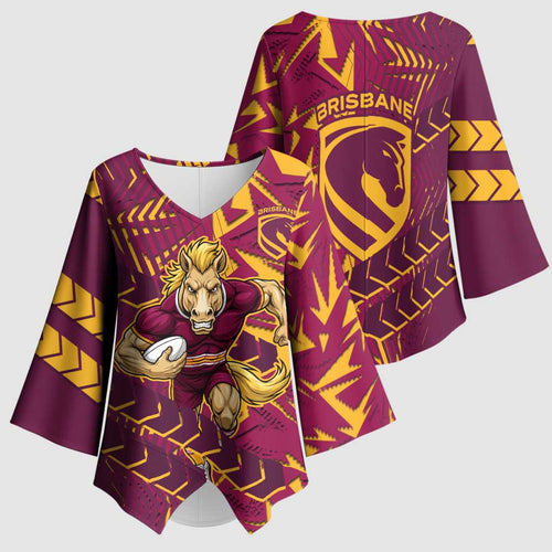 Brisbane Broncos Rugby Kimono Sleeve Blouse Fierce Mascot Geometric Tribal Art