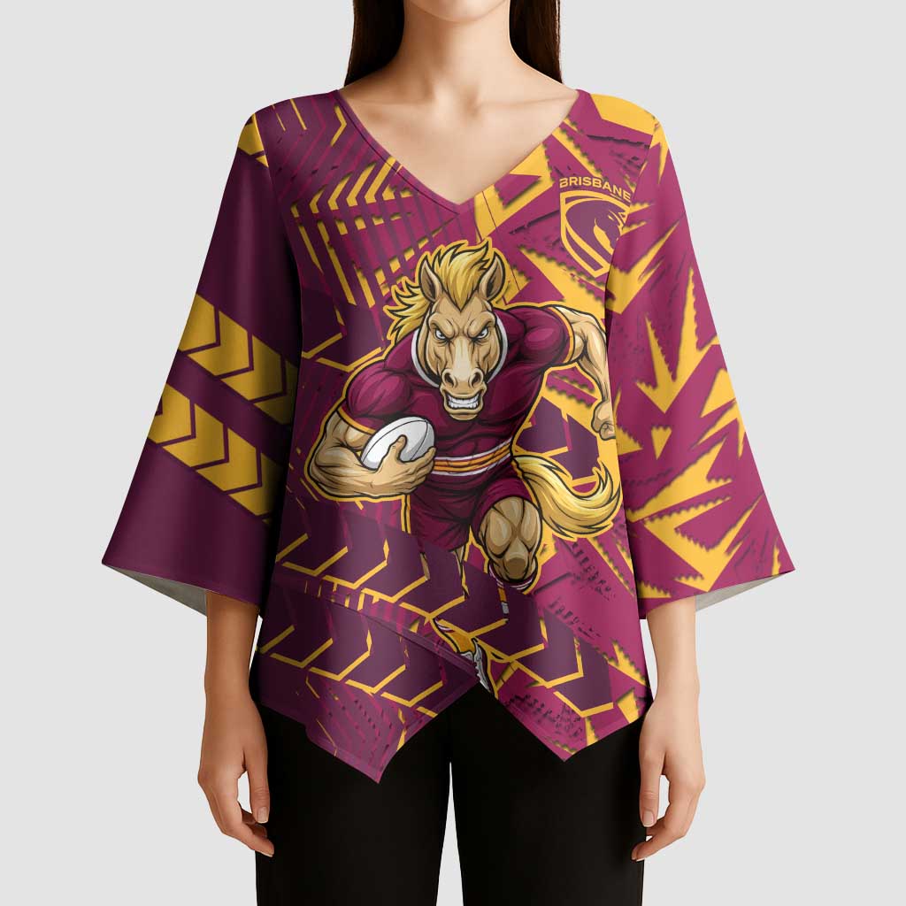 Brisbane Broncos Rugby Kimono Sleeve Blouse Fierce Mascot Geometric Tribal Art