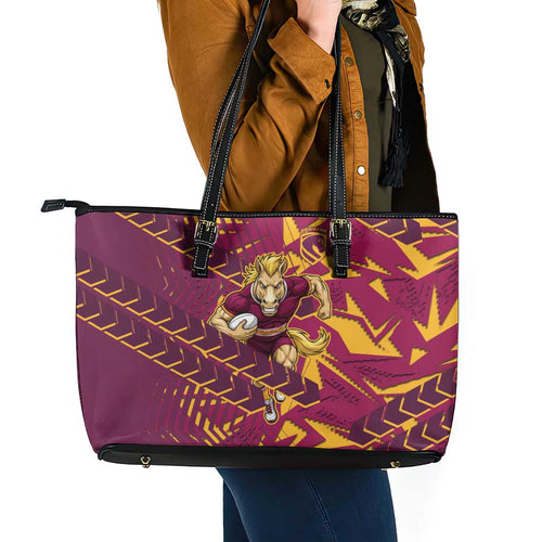 Brisbane Broncos Rugby Leather Tote Bag Fierce Mascot Geometric Tribal Art