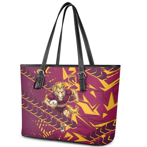 Brisbane Broncos Rugby Leather Tote Bag Fierce Mascot Geometric Tribal Art