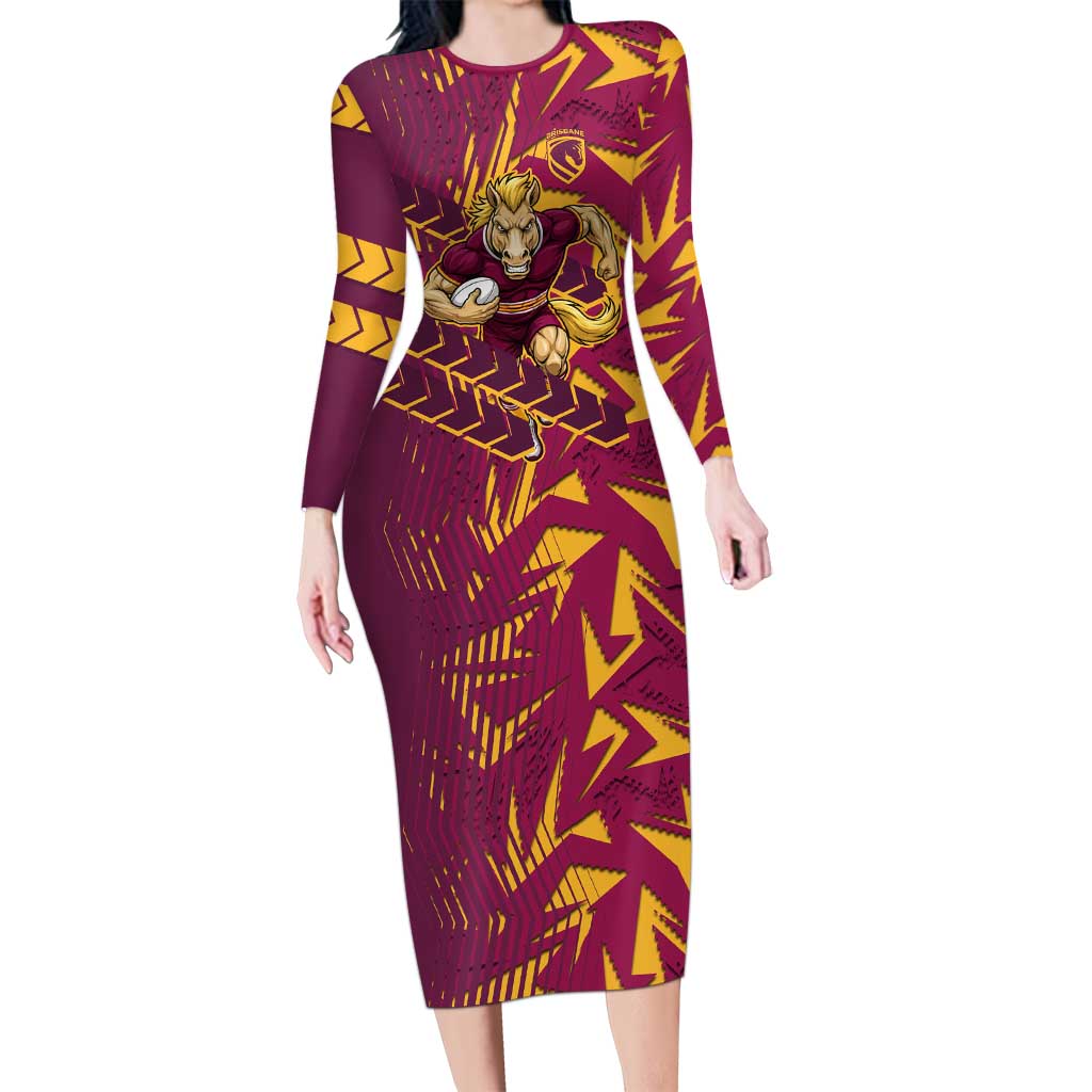 Brisbane Broncos Rugby Long Sleeve Bodycon Dress Fierce Mascot Geometric Tribal Art