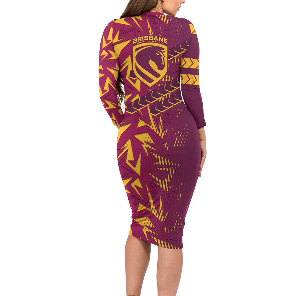 Brisbane Broncos Rugby Long Sleeve Bodycon Dress Fierce Mascot Geometric Tribal Art
