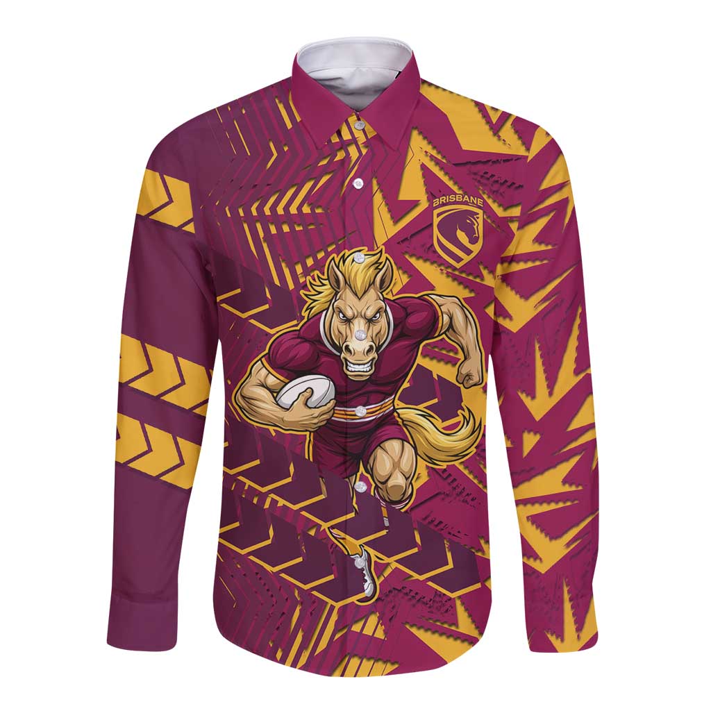 Brisbane Broncos Rugby Long Sleeve Button Shirt Fierce Mascot Geometric Tribal Art