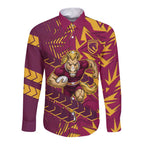Brisbane Broncos Rugby Long Sleeve Button Shirt Fierce Mascot Geometric Tribal Art