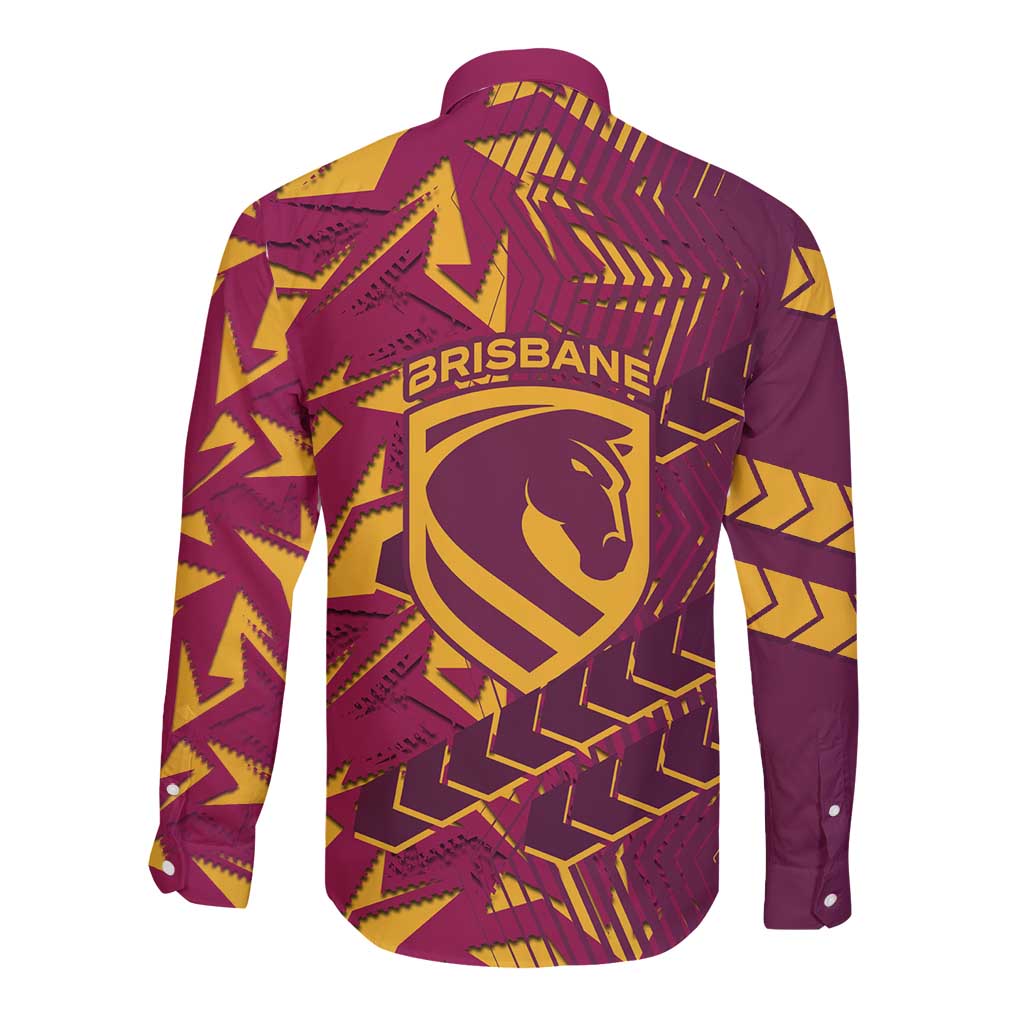 Brisbane Broncos Rugby Long Sleeve Button Shirt Fierce Mascot Geometric Tribal Art