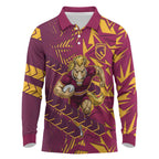 Brisbane Broncos Rugby Long Sleeve Polo Shirt Fierce Mascot Geometric Tribal Art