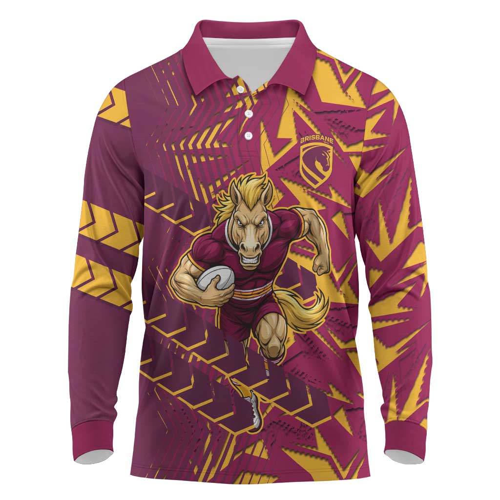 Brisbane Broncos Rugby Long Sleeve Polo Shirt Fierce Mascot Geometric Tribal Art