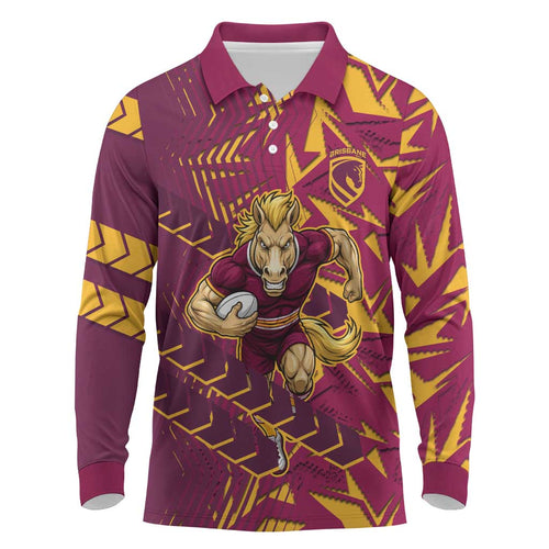 Brisbane Broncos Rugby Long Sleeve Polo Shirt Fierce Mascot Geometric Tribal Art