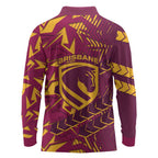 Brisbane Broncos Rugby Long Sleeve Polo Shirt Fierce Mascot Geometric Tribal Art