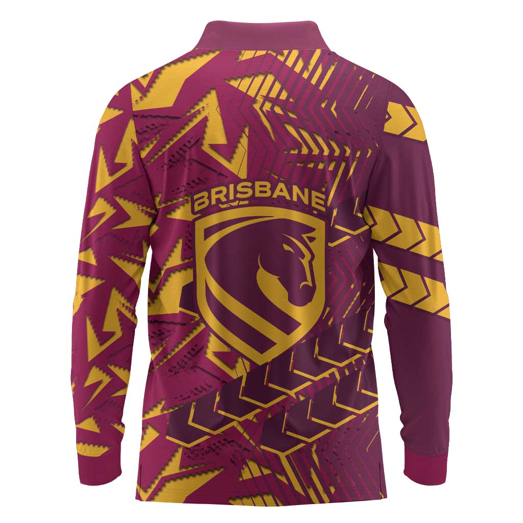 Brisbane Broncos Rugby Long Sleeve Polo Shirt Fierce Mascot Geometric Tribal Art