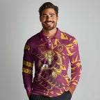 Brisbane Broncos Rugby Long Sleeve Polo Shirt Fierce Mascot Geometric Tribal Art