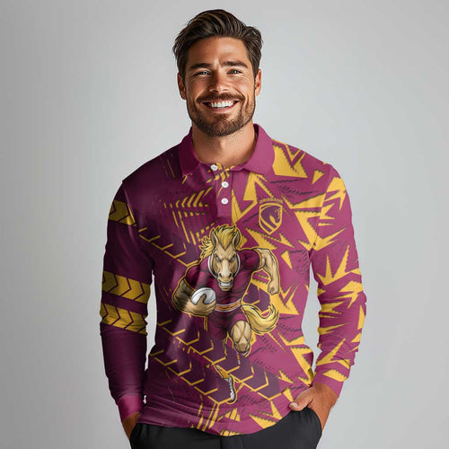 Brisbane Broncos Rugby Long Sleeve Polo Shirt Fierce Mascot Geometric Tribal Art