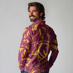 Brisbane Broncos Rugby Long Sleeve Polo Shirt Fierce Mascot Geometric Tribal Art