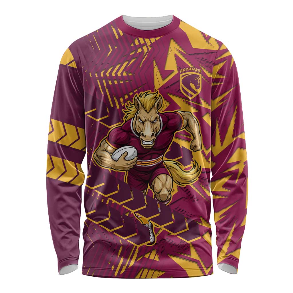 Brisbane Broncos Rugby Long Sleeve Shirt Fierce Mascot Geometric Tribal Art