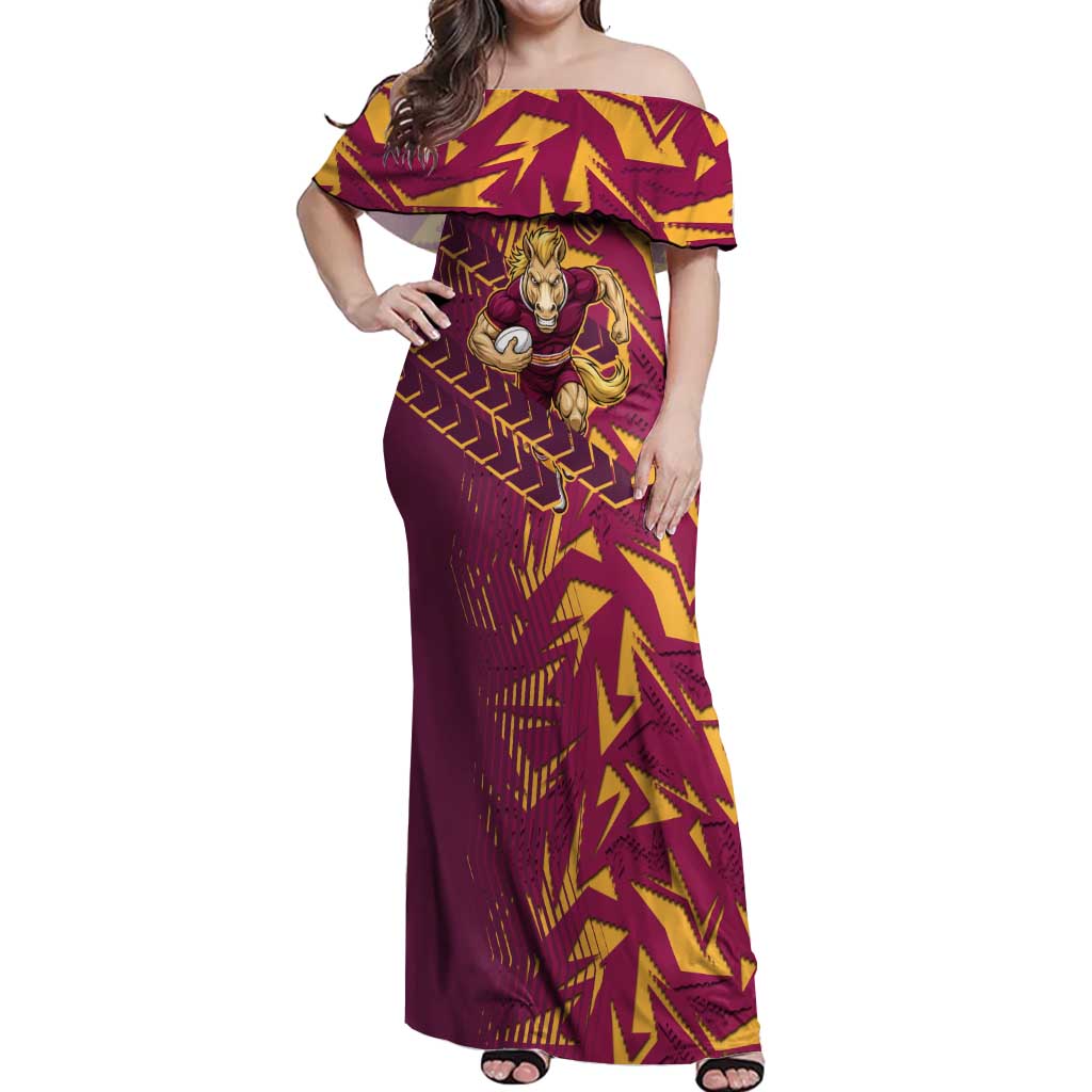 Brisbane Broncos Rugby Off Shoulder Maxi Dress Fierce Mascot Geometric Tribal Art
