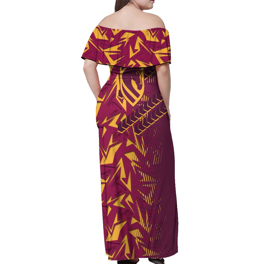 Brisbane Broncos Rugby Off Shoulder Maxi Dress Fierce Mascot Geometric Tribal Art