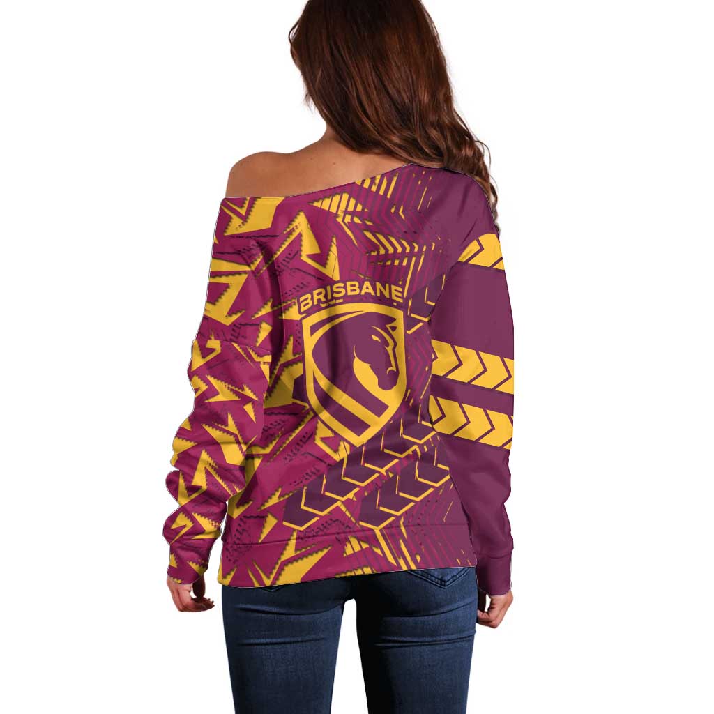 Brisbane Broncos Rugby Off Shoulder Sweater Fierce Mascot Geometric Tribal Art