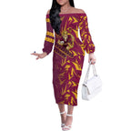 Brisbane Broncos Rugby Off The Shoulder Long Sleeve Dress Fierce Mascot Geometric Tribal Art