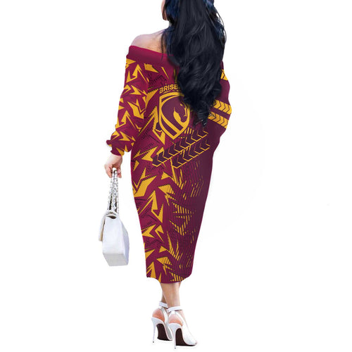Brisbane Broncos Rugby Off The Shoulder Long Sleeve Dress Fierce Mascot Geometric Tribal Art