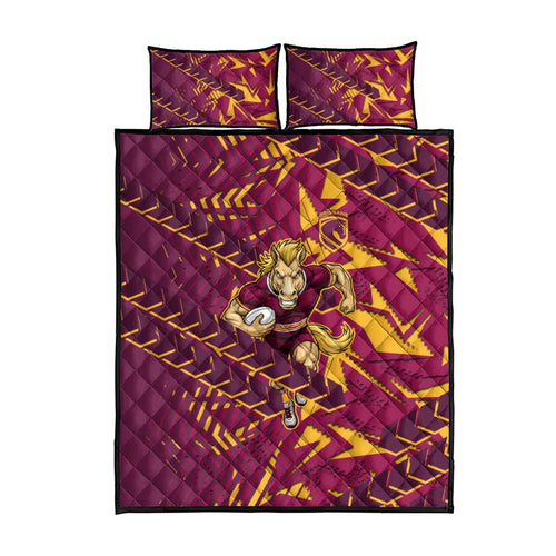 Brisbane Broncos Rugby Quilt Bed Set Fierce Mascot Geometric Tribal Art