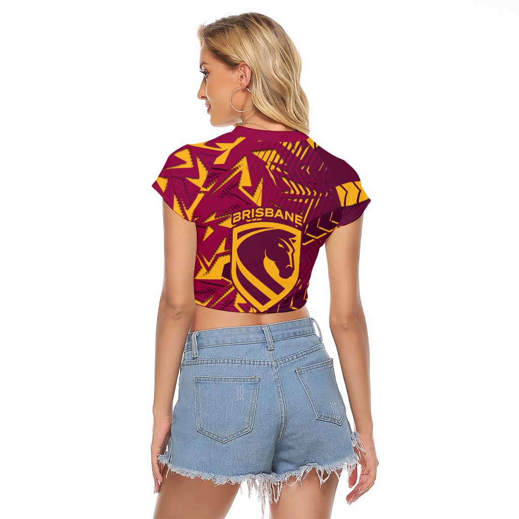 Brisbane Broncos Rugby Raglan Cropped T Shirt Fierce Mascot Geometric Tribal Art