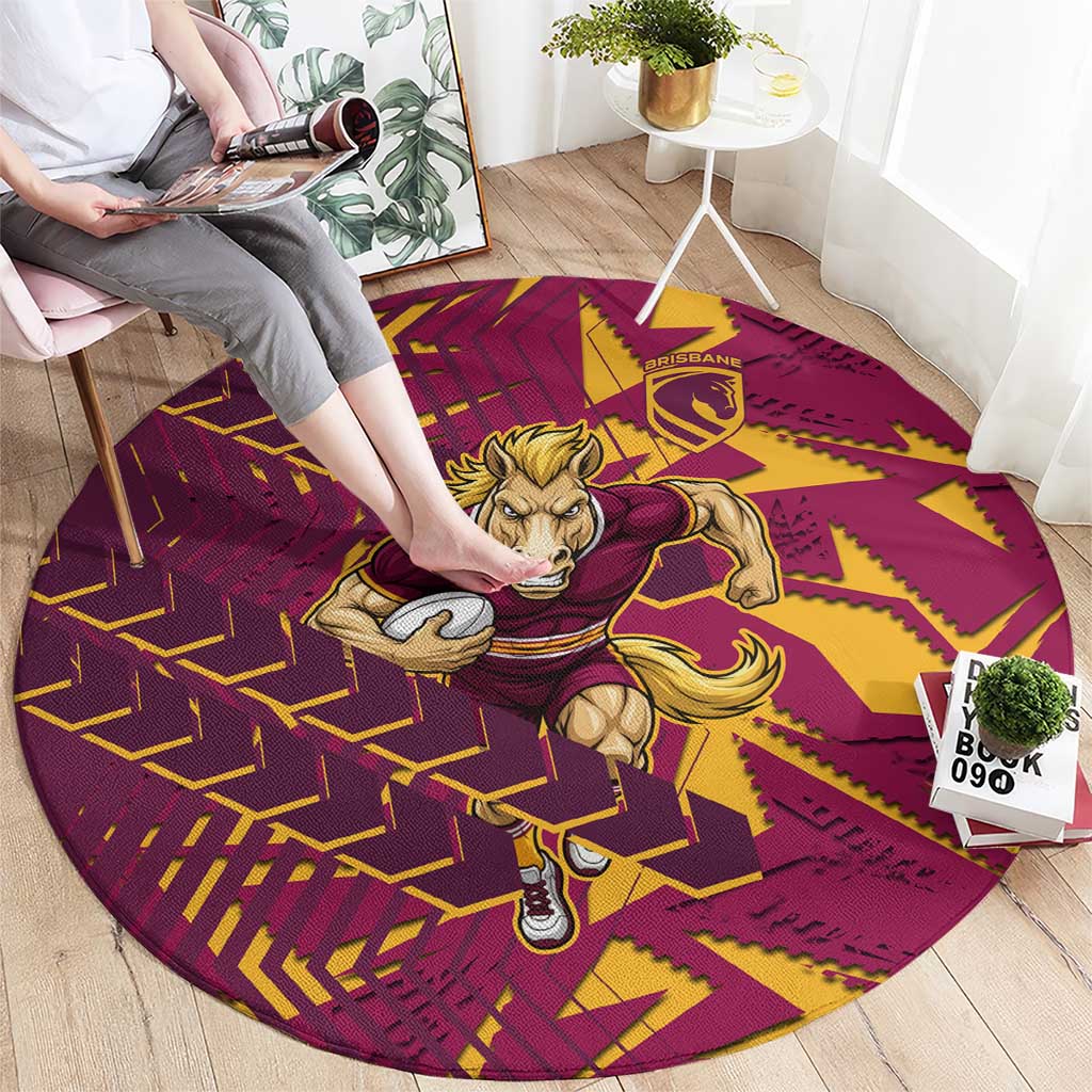 Brisbane Broncos Rugby Round Carpet Fierce Mascot Geometric Tribal Art