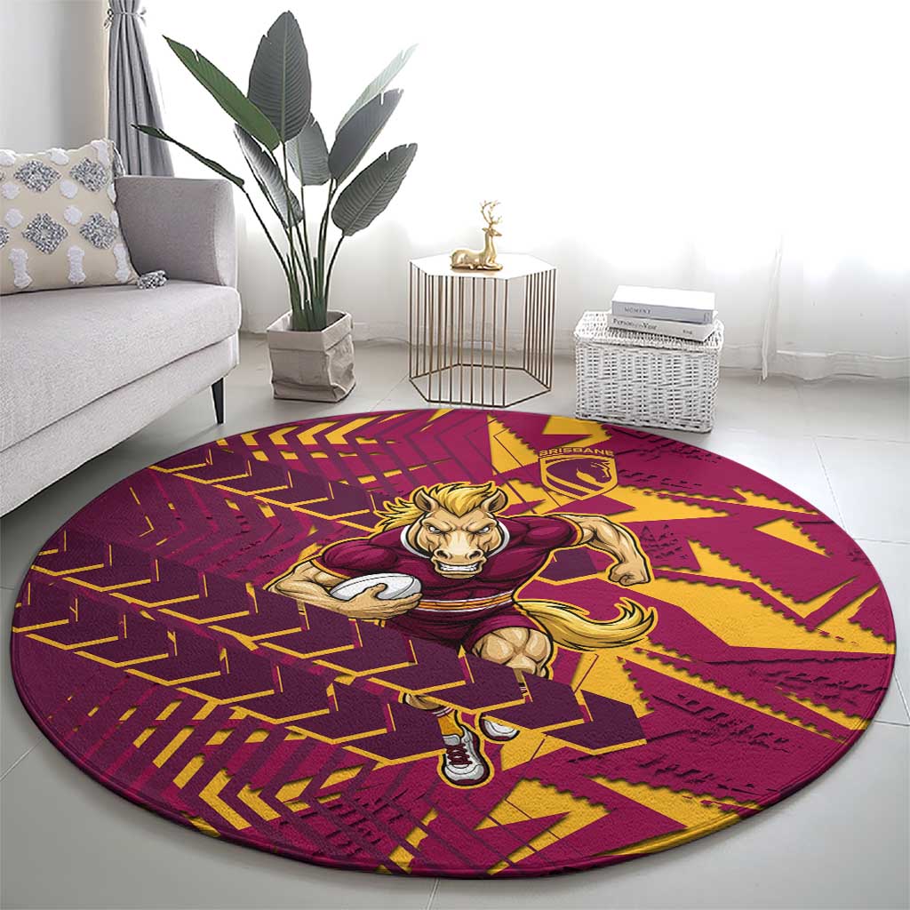 Brisbane Broncos Rugby Round Carpet Fierce Mascot Geometric Tribal Art
