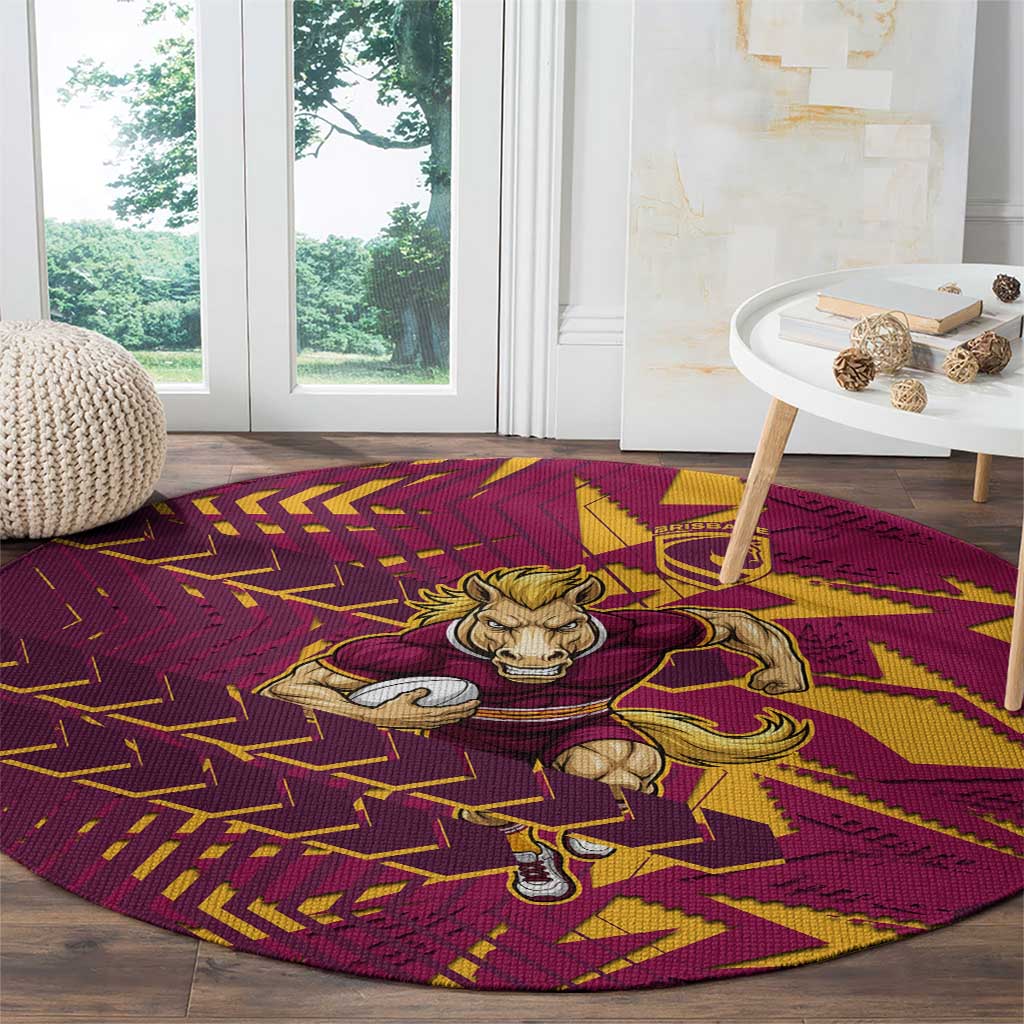 Brisbane Broncos Rugby Round Carpet Fierce Mascot Geometric Tribal Art