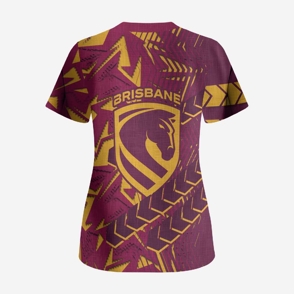 Brisbane Broncos Rugby Scrub Top Fierce Mascot Geometric Tribal Art