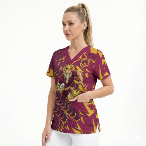 Brisbane Broncos Rugby Scrub Top Fierce Mascot Geometric Tribal Art