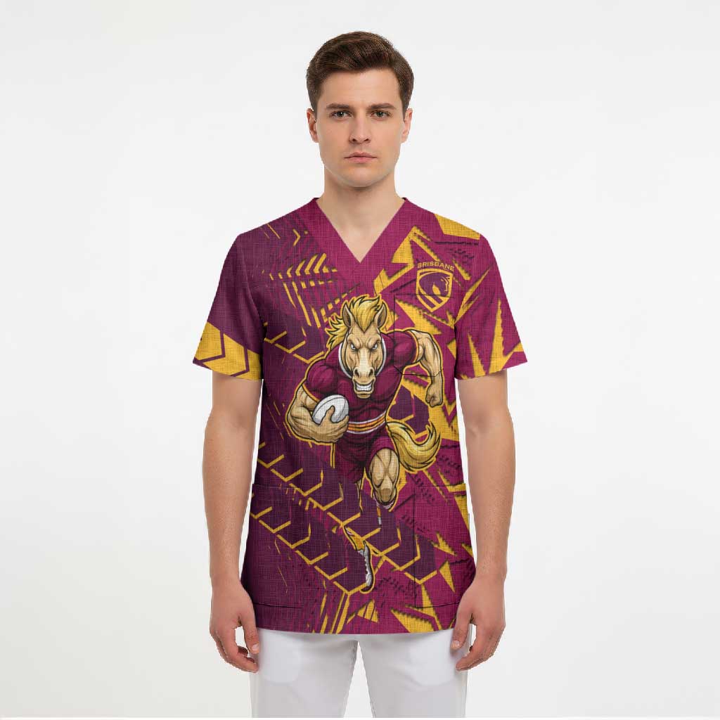 Brisbane Broncos Rugby Scrub Top Fierce Mascot Geometric Tribal Art