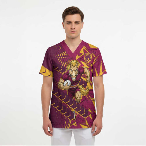 Brisbane Broncos Rugby Scrub Top Fierce Mascot Geometric Tribal Art