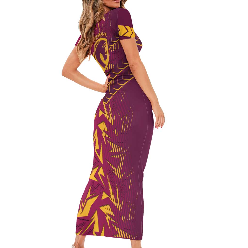 Brisbane Broncos Rugby Short Sleeve Bodycon Dress Fierce Mascot Geometric Tribal Art