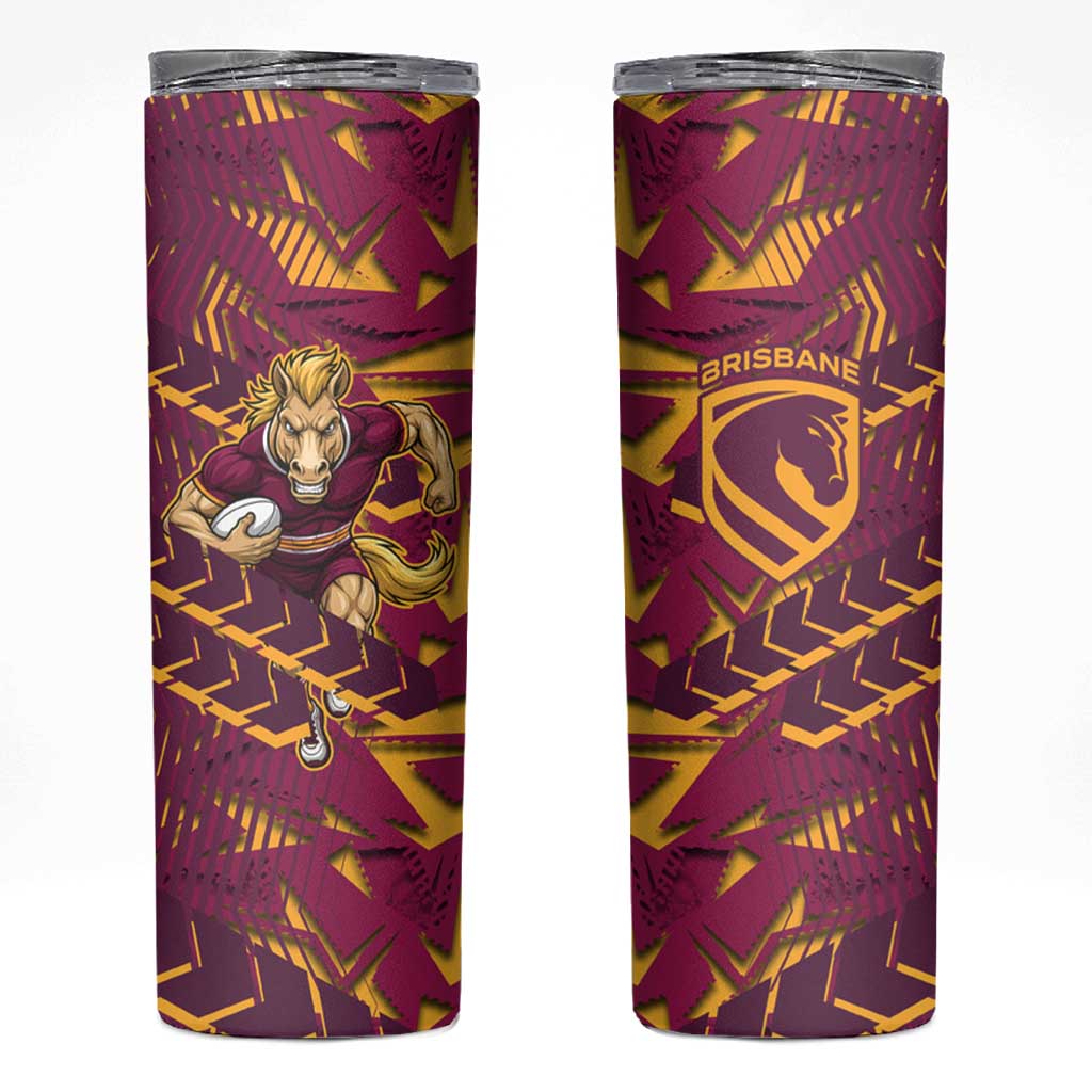 Brisbane Broncos Rugby Skinny Tumbler Fierce Mascot Geometric Tribal Art