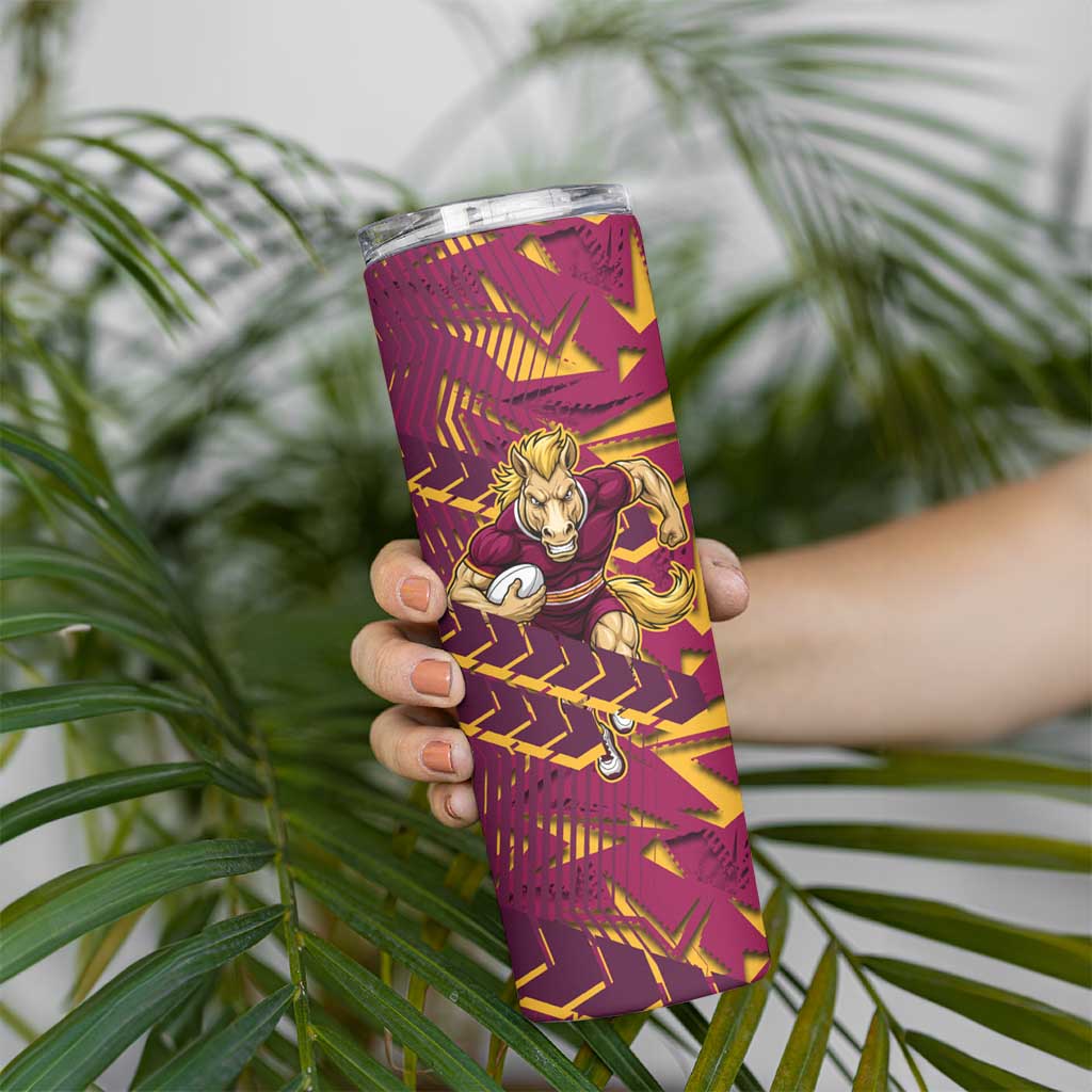 Brisbane Broncos Rugby Skinny Tumbler Fierce Mascot Geometric Tribal Art