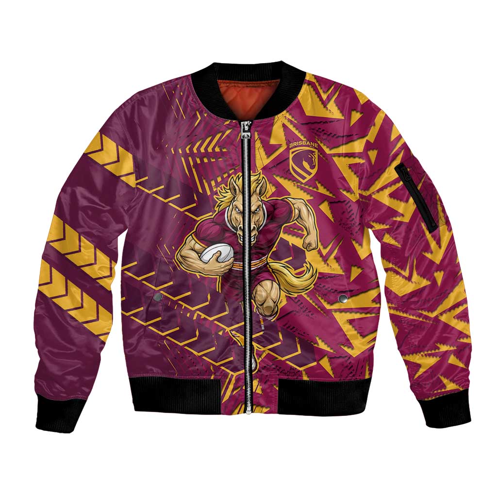 Brisbane Broncos Rugby Sleeve Zip Bomber Jacket Fierce Mascot Geometric Tribal Art