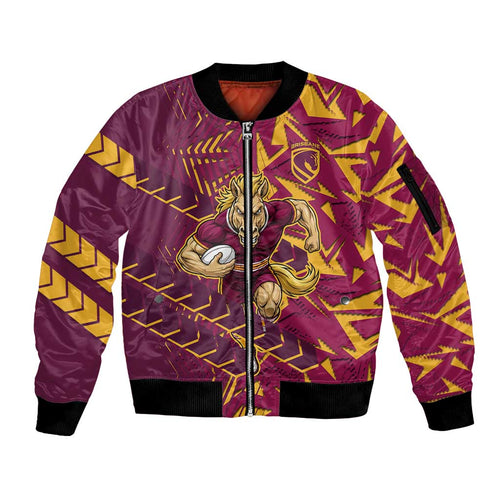 Brisbane Broncos Rugby Sleeve Zip Bomber Jacket Fierce Mascot Geometric Tribal Art