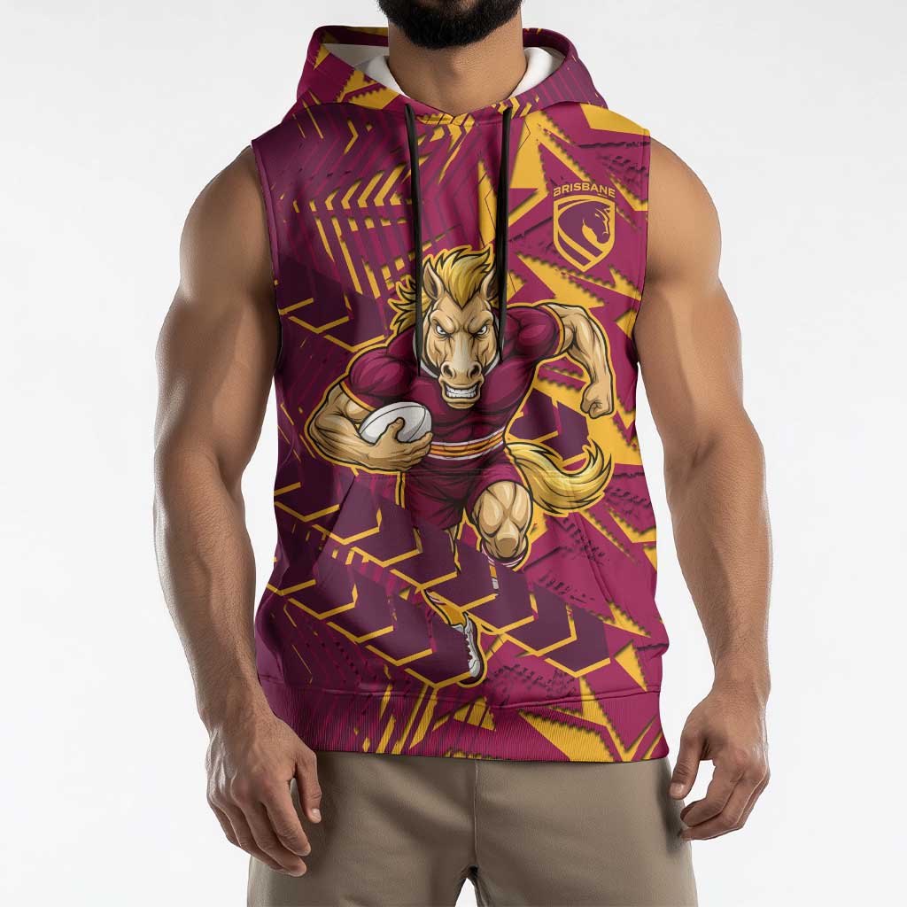 Brisbane Broncos Rugby Sleeveless Hoodie Fierce Mascot Geometric Tribal Art