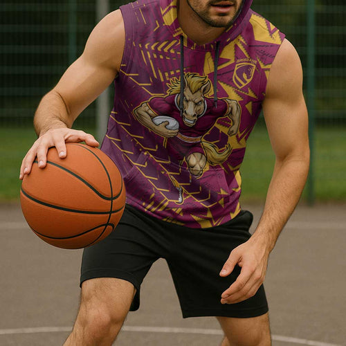 Brisbane Broncos Rugby Sleeveless Hoodie Fierce Mascot Geometric Tribal Art